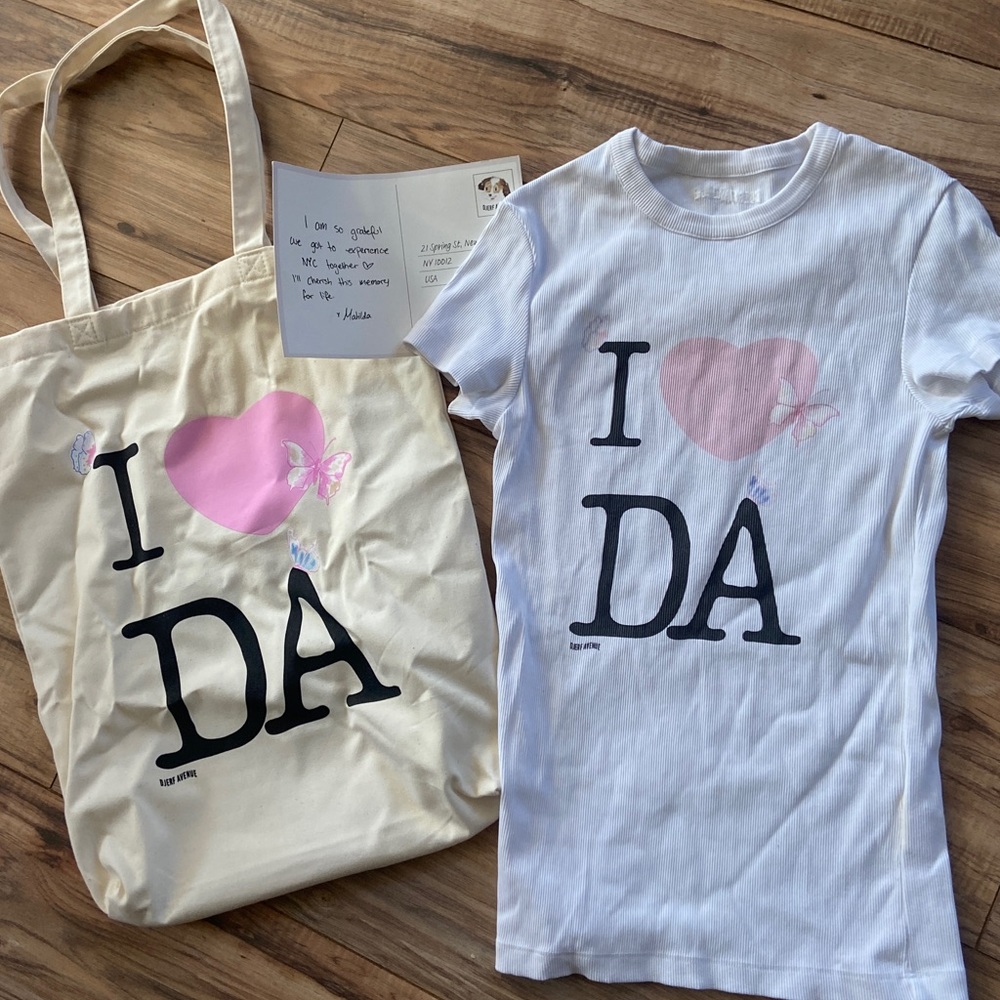 Djerf Avenue NYC Pop Up T-shirt, tote, and postcard